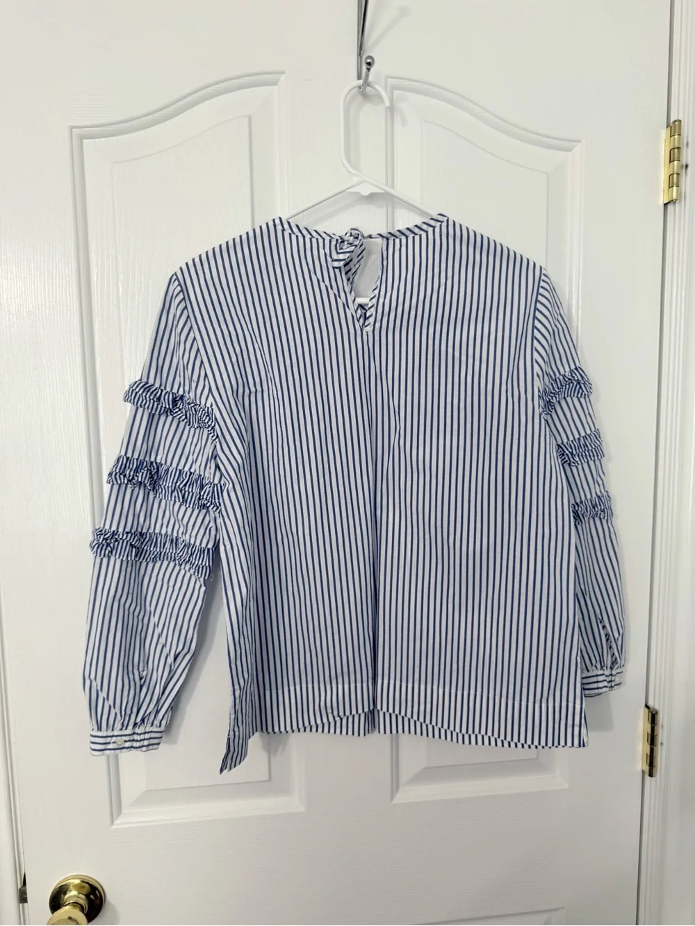 JCrew Blue and White Striped Ruffle Sleeve Blouse